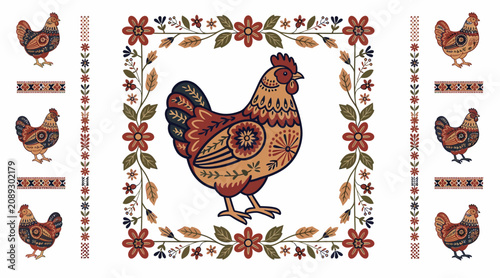 Folk Art Chicken & Floral Border - Rustic Farmhouse Textile Design