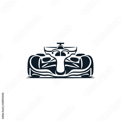 Minimalist black and white silhouette of a modern Formula One racing car front view.