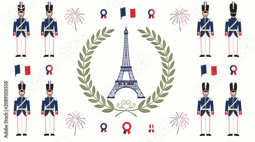 French National Day Celebration Icons: Eiffel Tower, Soldiers, Flags, Fireworks