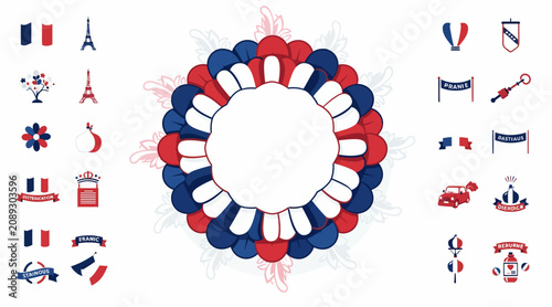 French National Day Celebration Symbols: Eiffel Tower, Flags, Ribbons, Cockade