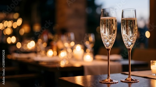 Two crystal champagne flutes on a table at a luxury evening event