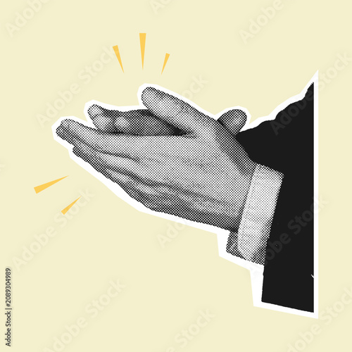 Two halftone businessman hands clapping in applause on light background. Vector illustration with suit sleeves for celebration, success, and approval concepts.