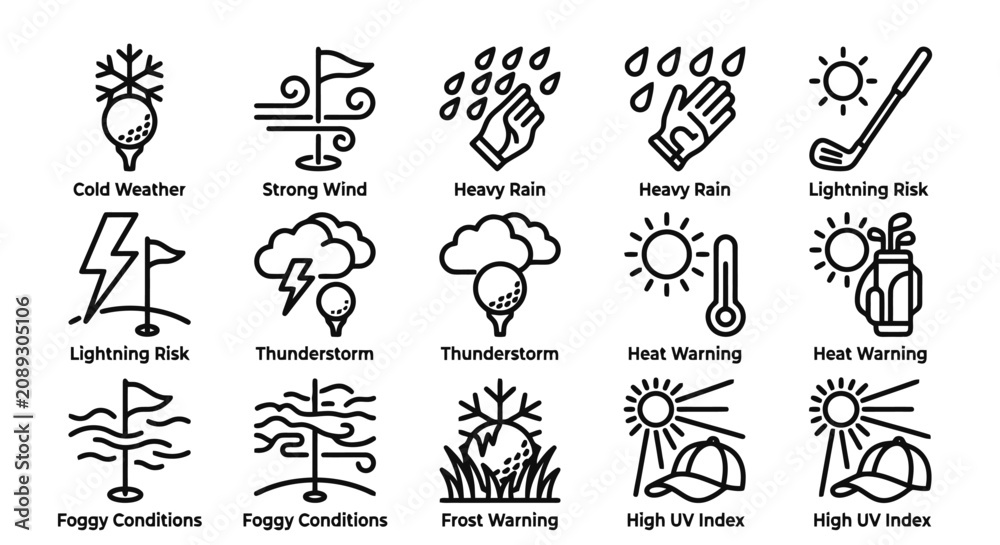 Fototapeta premium Golf course weather icons set showing conditions like wind and storms