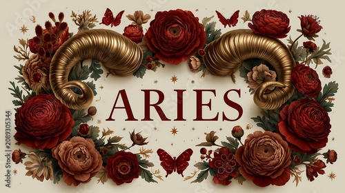 Aries emblem surrounded by red flowers and butterflies in a design