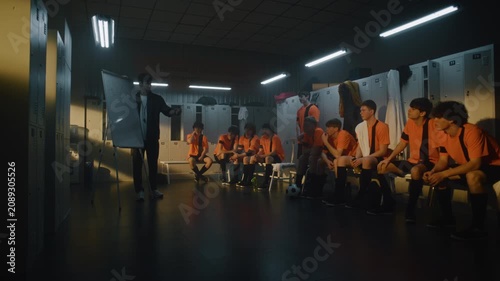 In Cinematic Sports Locker Room, Dedicated Coach Points to Tactical Diagrams on Flipchart, Briefing Young Athletes on Game Plan and Defensive Strategy. Constructive Criticism and Mental Toughness.