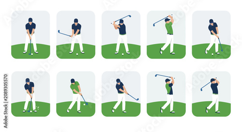 Golf swing sequence steps showing a golfer hitting a ball on the course