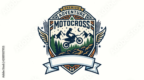 Adventure motocross rider jumping in mountain forest emblem