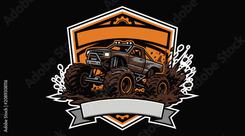 Monster truck splashing through mud inside shield emblem