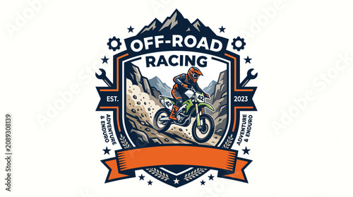Off road racing emblem with dirt bike rider on mountain trail