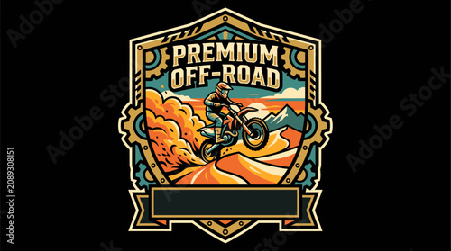Off road motorbike rider racing through desert landscape badge