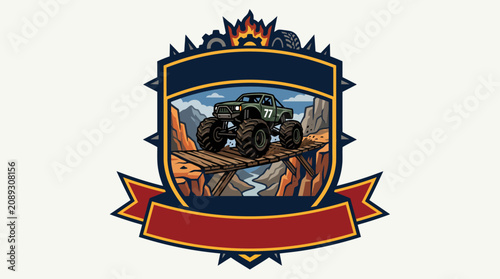 Monster truck crossing wooden bridge over mountain canyon