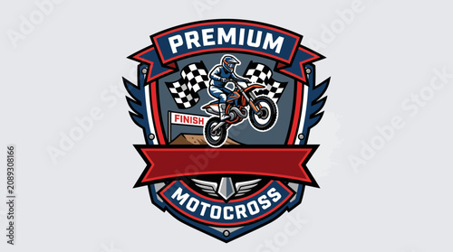 Premium motocross badge with jumping rider and finish line