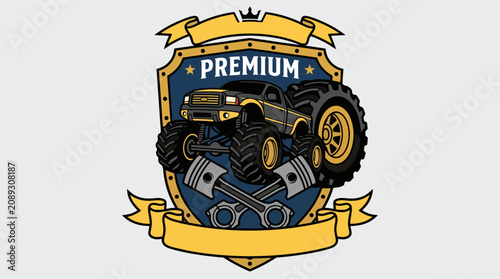 Premium automotive emblem with truck and tools.
