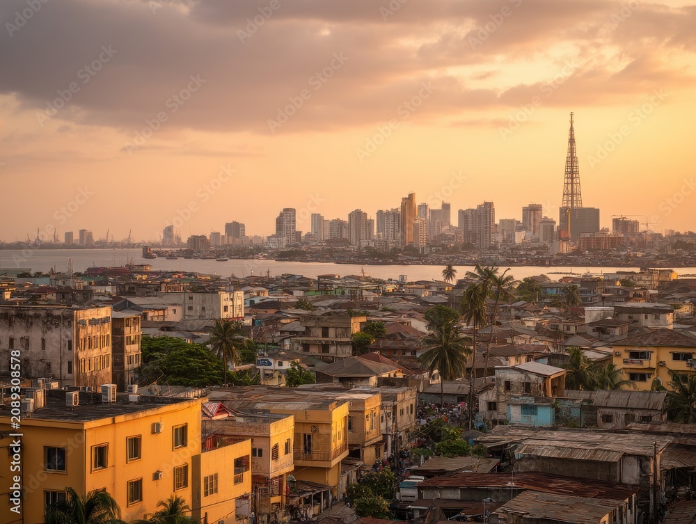 Fototapeta premium Lagos Nigeria cityscape at golden hour high angle view showing urban sprawl and modern skyline with radio tower