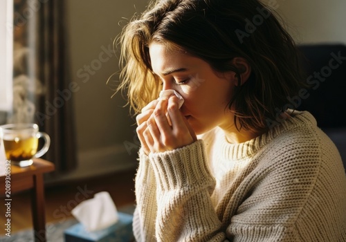 Woman feeling sick with a cold, using a tissue while sitting in a cozy room with warm afternoon light and tea