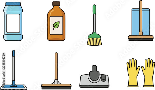 Photos Housework Cleaning Tools and Sanitary Equipment Vector Icon Set Featuring Mop Br