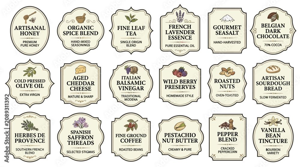 Obraz premium Vector Labels For Artisan Food Products Gourmet Seasonings, Herbs, Spices, Coffee, And More For Food Packaging Design