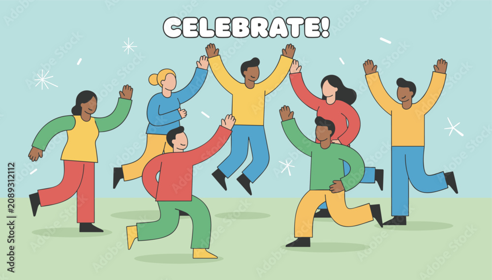 Fototapeta premium Group of diverse happy people jumping and dancing together in celebration with word celebrate on blue background.