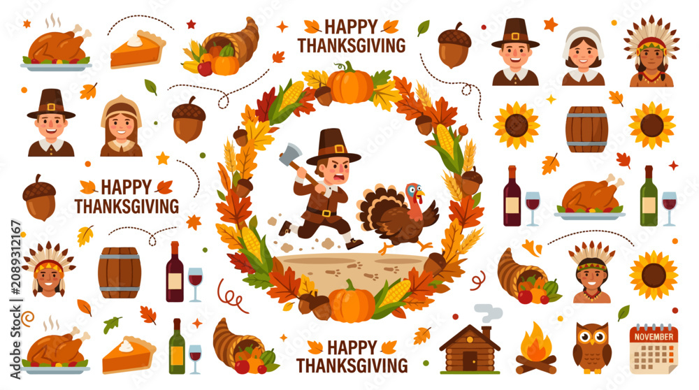 Fototapeta premium Happy Thanksgiving Cartoon Characters and Autumn Symbols - Vector Illustration