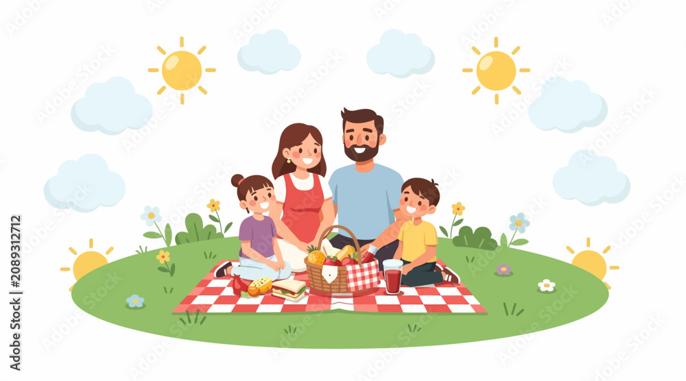 Naklejka premium Happy Family Picnic in Sunny Park - Outdoor Recreation