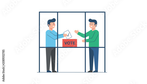 Democratic voting process illustration with two citizens placing ballots inside a red vote box at a booth.