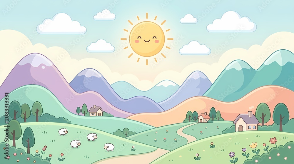 Fototapeta premium Peaceful countryside landscape with rolling hills and grazing sheep under a smiling sun.