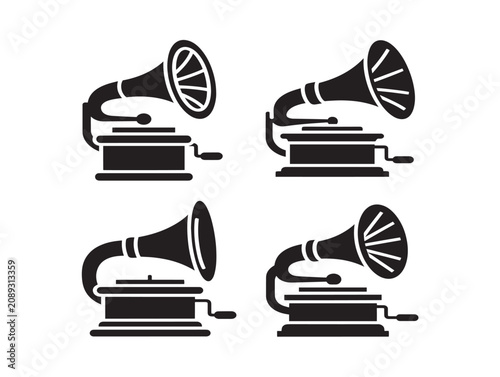 Gramophone icon set featuring solid black silhouettes for vintage audio design