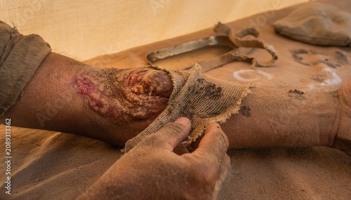 Severe skin lesion being treated in a humanitarian medical setting