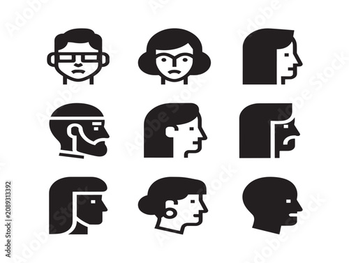 Collection of human head icons featuring diverse solid black silhouettes in a minimalist vector style