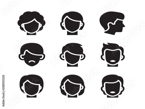 Set of human head icons featuring solid black silhouettes in minimalist style