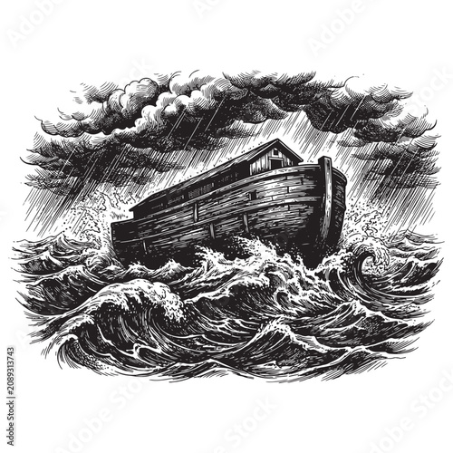 Noah's Ark in Stormy Ocean Wave Engraving Biblical Illustration