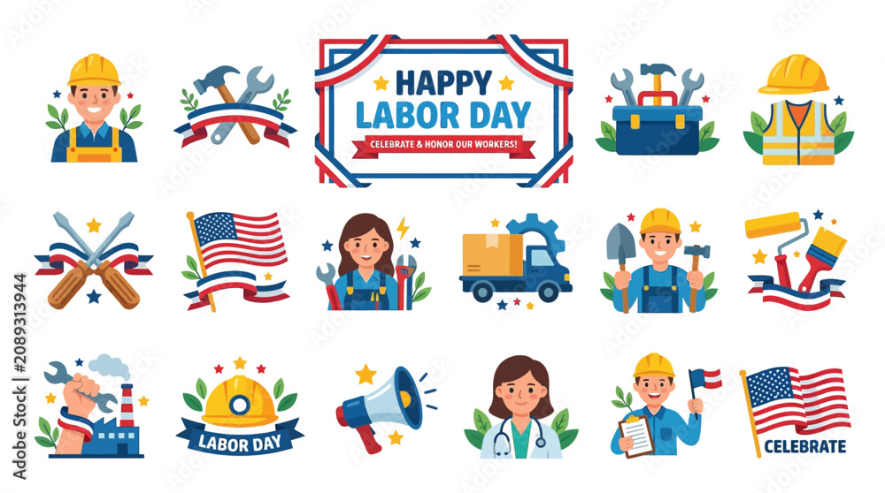 Naklejka premium Happy Labor Day Celebration Icons and Elements - USA Holiday