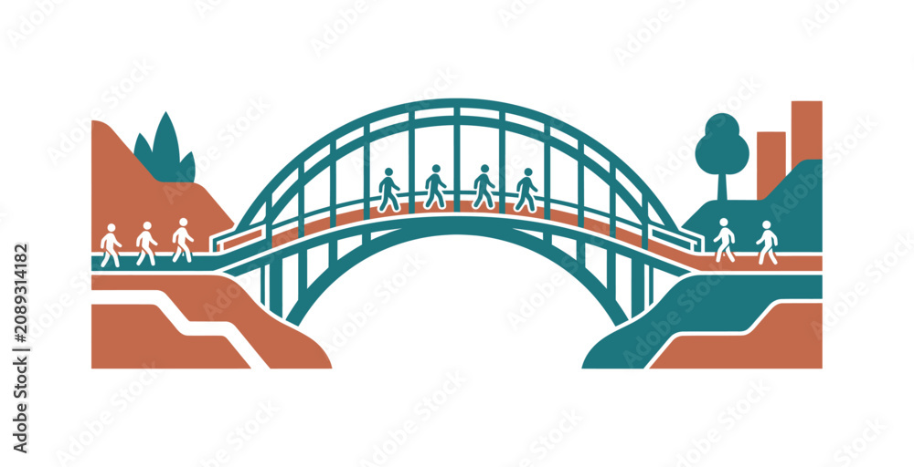 Fototapeta premium People Walking Across Bridge Vector Illustration