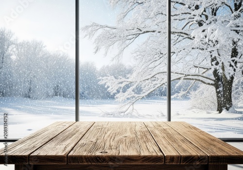 An empty rustic table sits near a large glass window overlooking a peaceful winter scene with falling snow and a bright, cold atmosphere, texture, atmosphere, landscape