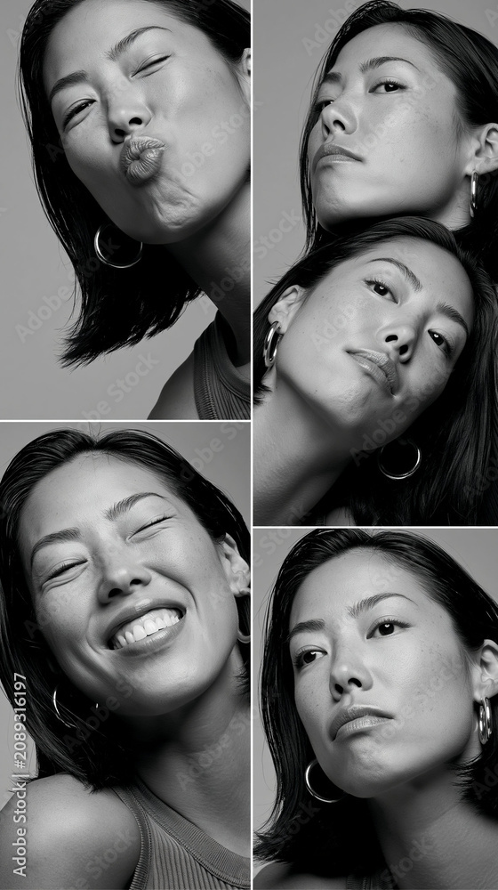 Obraz premium Expressive Portraits of a Stylish Young Woman Featuring Diverse Emotions and Unique Facial Expressions in Black and White Photography, Close-Up Captures of Mood and Personality