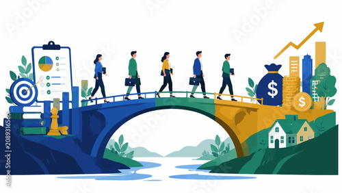 Professional team crossing conceptual bridge from strategic planning toward financial success and wealth growth