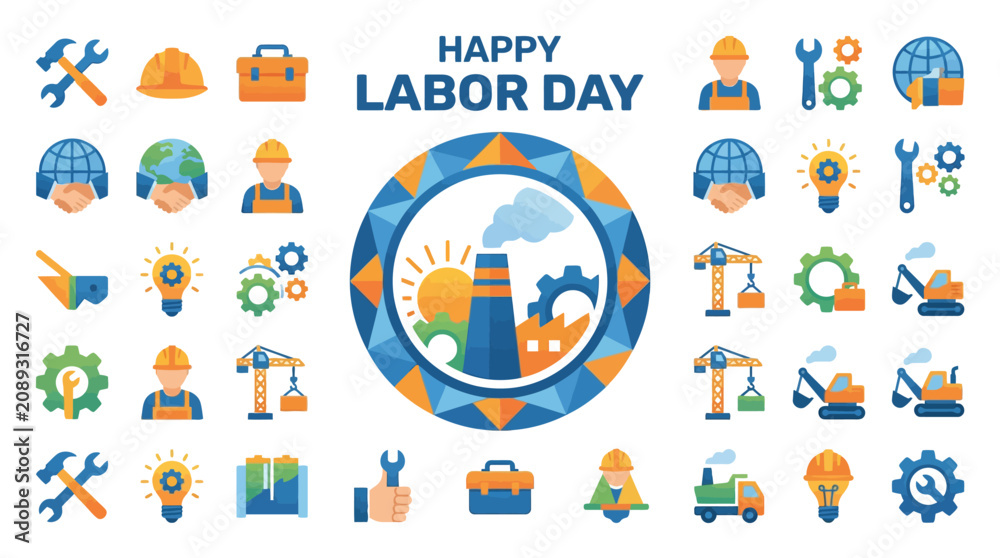 Fototapeta premium Happy Labor Day Industry and Construction Icons on White Background