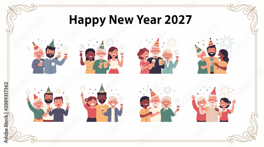 Fototapeta premium Happy New Year 2027 Celebration Diverse Groups Festive Party