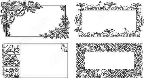 Photography Set of safari and jungle themed frames with exotic animals and tropical plants t