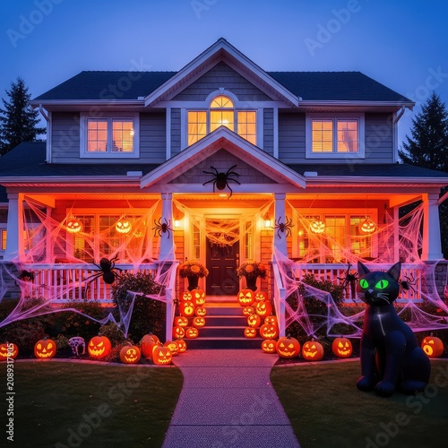 A charming suburban home features elaborate Halloween decorations with glowing jack-o-lanterns, thick spider webs, and orange porch lights, glowing, porch, bats