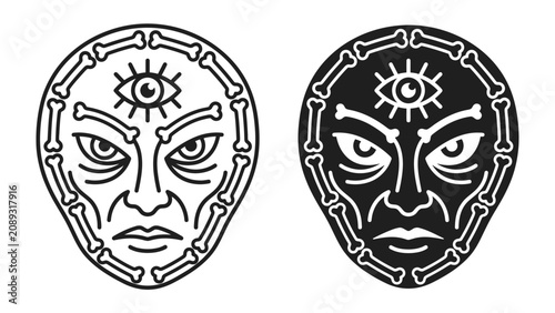 Foto Mysterious Face with Third Eye Symbol: A stylized depiction of a mysterious face, adorned with skeletal elements and a prominent third eye