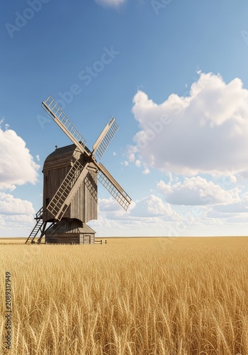 A classic wooden windmill stands tall in a vast golden wheat field under a clear blue sky with fluffy white clouds during a sunny day, farmland, old, blades