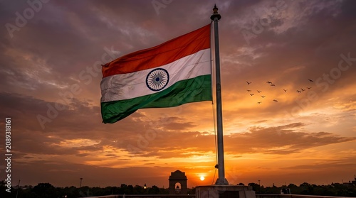 Waving Indian flag at sunset with vibrant sky
