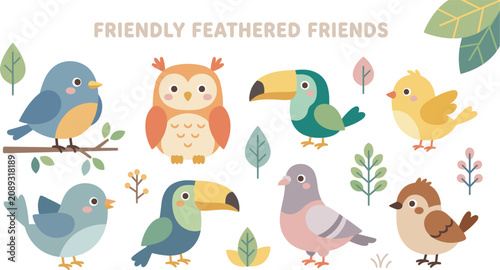 Cuadro en lienzo Cute cartoon birds character set vector illustration featuring friendly feathere