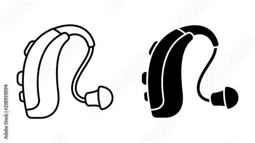 Fotografie Hearing Aid Icons: A pair of hearing aid icons, one outlined in white and the other filled in black, representing amplification devices for auditory assistance