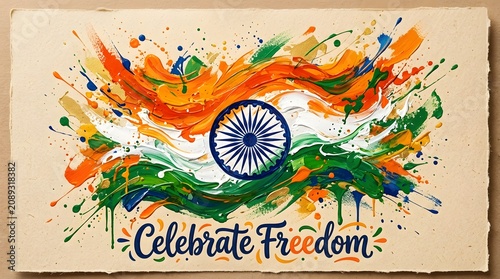 Colorful Paint Splatter Celebration with Indian Flag and Freedom Text on Textured Background