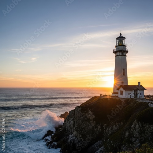A majestic white lighthouse stands atop a rugged coastal cliff at sunset, overlooking the vast blue ocean with crashing waves and a clear sky, structure, tower, peaceful