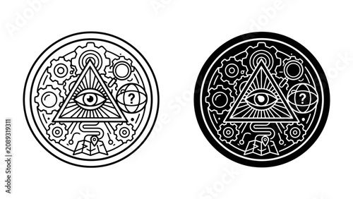 Slika na platnu Symbol of Mystery and Knowledge: This enigmatic circular emblem features an all-seeing eye within a triangle, surrounded by gears, circuits, and question marks