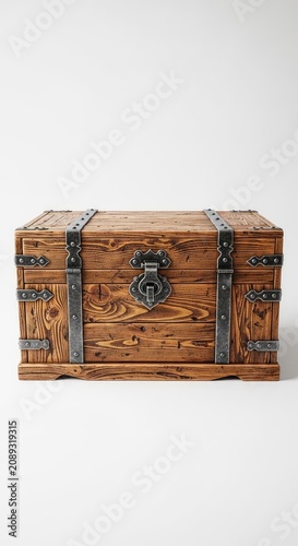 A rustic antique wooden chest features a weathered texture and metal hinges, isolated on a clean white background for a vintage appearance, hardware, material, background