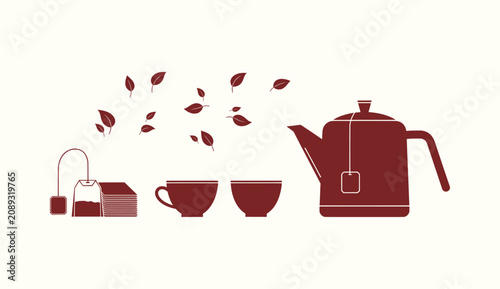 Tableau sur toile Minimalist Maroon Tea Set Silhouette with Teapot Cups and Teabags Illustration o